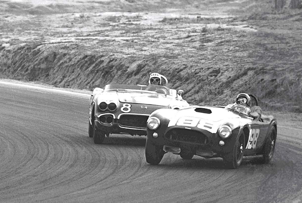 Dave MacDonald races the Carroll Shelby Cobra 260ci to its first ever win at Riverside International Raceway